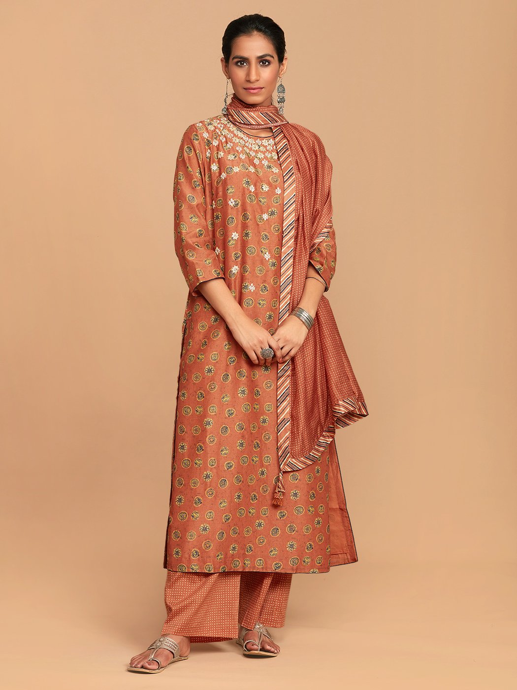 Aadhya Burnt Orange Ajrak Printed Kurta Palazzo Set Small