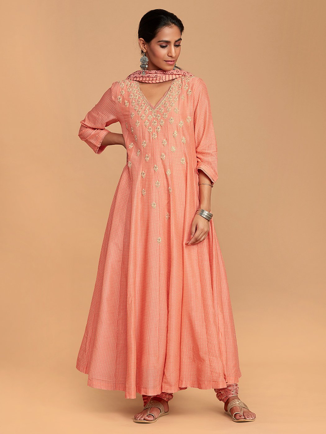 Aadhya Coral Ajrak Printed Anarkali Set Extra Small