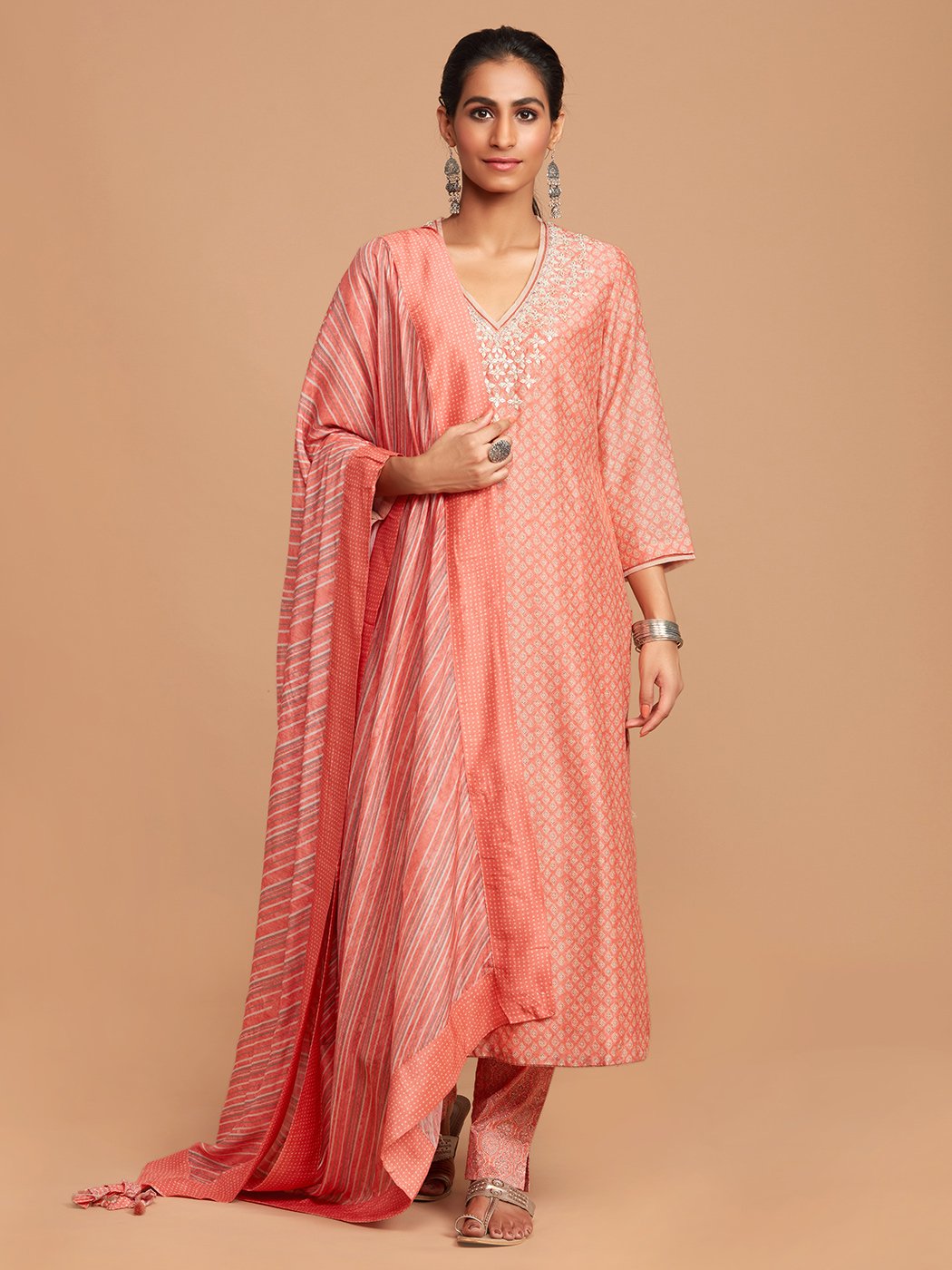 Aadhya Fusion Coral Ajrak Printed Deep V Neck Kurta Set Extra Small