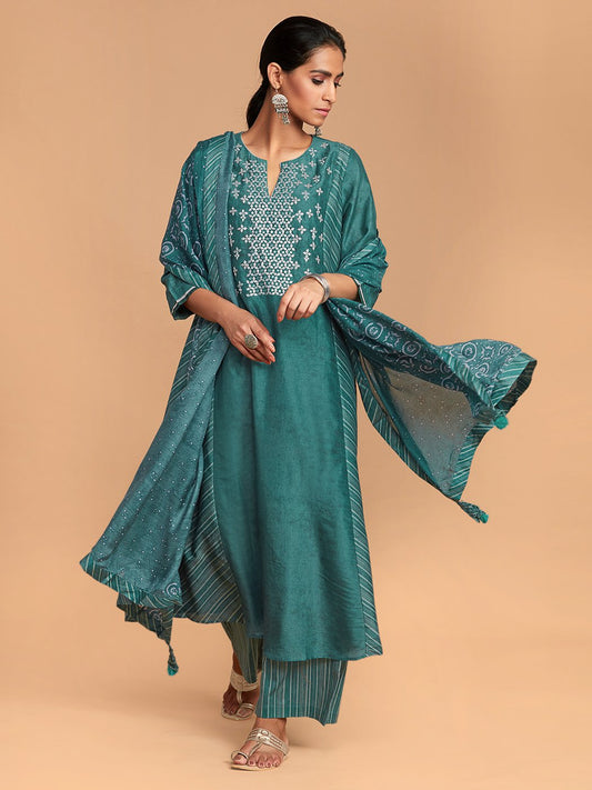 Aadhya Turquoise Green Ajrak Print A Line Kurta Palazzo Set Extra Small