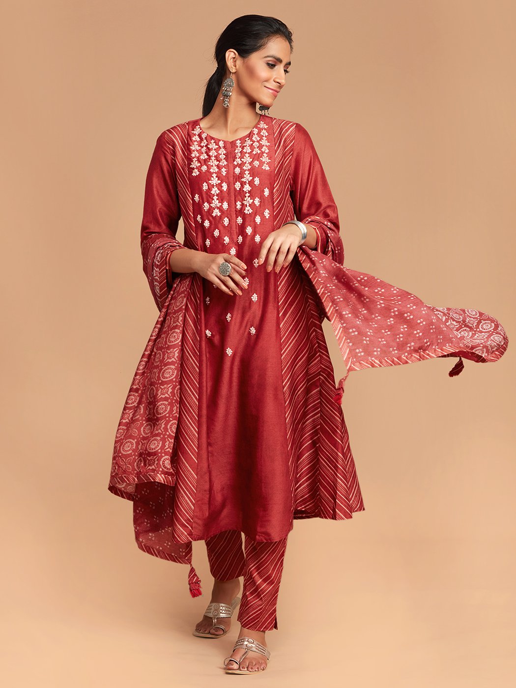 Aadhya Brick Red Ajrak Print A Line Kurta Set Extra Small