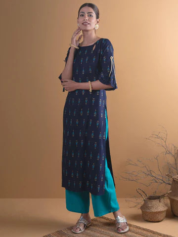 Navy Blue Printed Kurta