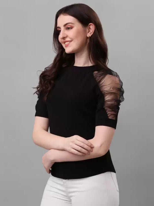 Casual Puffed Sleve Black Top
