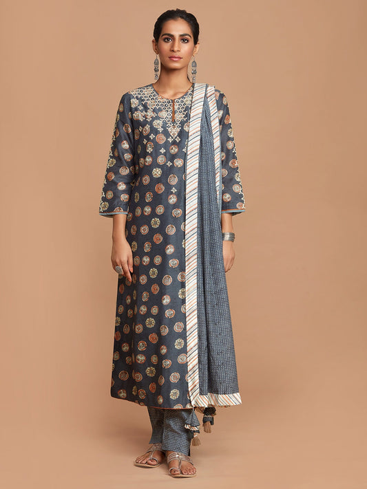 Aadhya Grey Ajrak Print A-Line Kurta Set