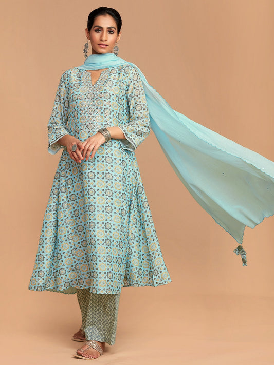 Aadhya Blue Ajrak Printed Kurta Palazzo Set Small