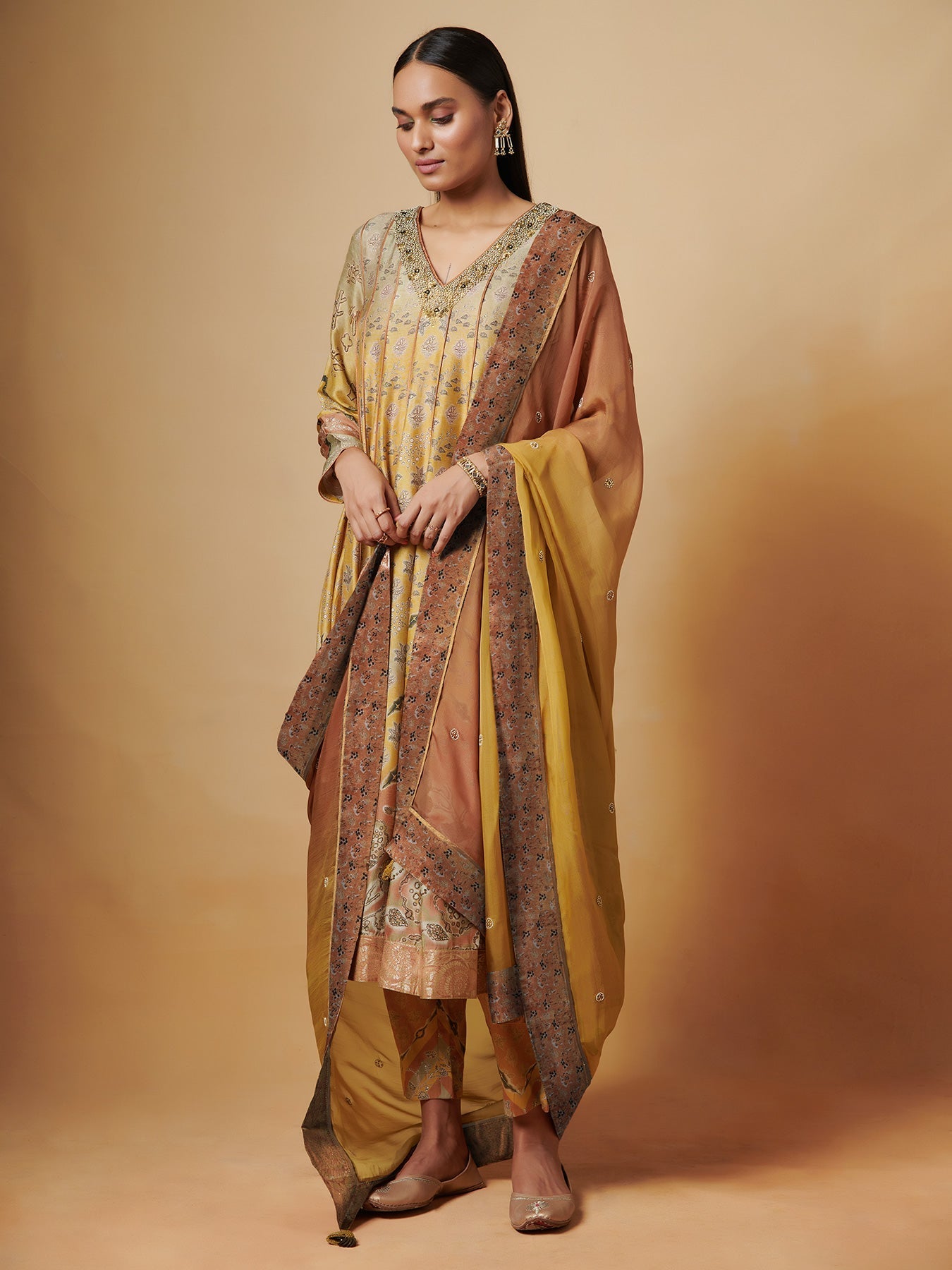 Golden Silk Kurta Set with Dupatta | Shop Saundh