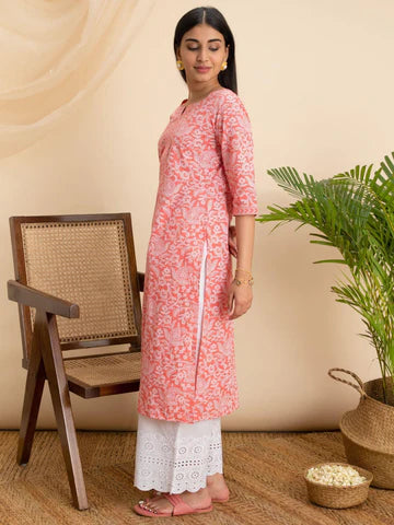 Pink Printed Cotton Kurta